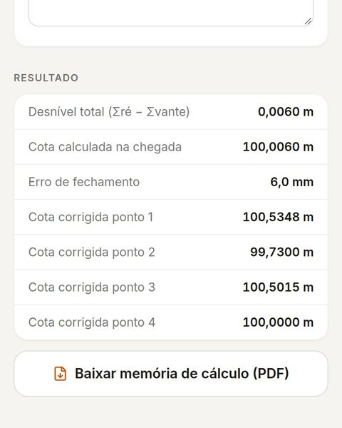 Tela da ferramenta Nivelamento